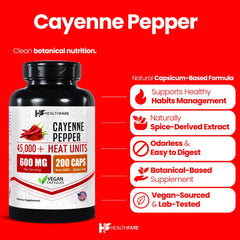 Healthfare Cayenne Pepper Extract, 600mg | 200 Veg Capsules | 45,000 HU