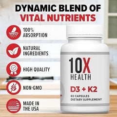 10X Health Vitamin D3 K2 - Support Bone Health, Heart and Teeth - 60 Capsules