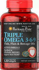 Puritan's Pride Triple Omega Supplement 120 Softgels Bottle
